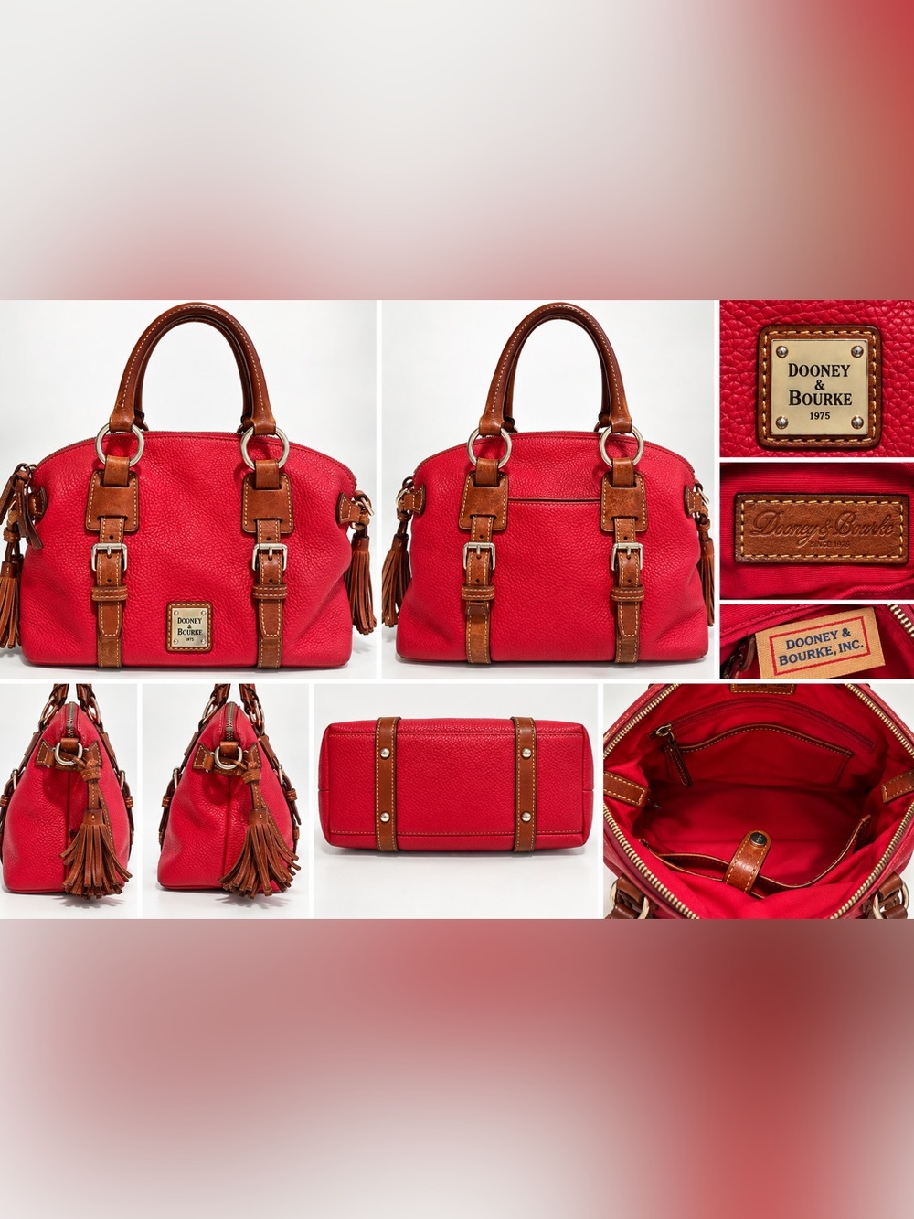 Dooney & Bourke Red Pebbled Leather Satchel Brown Trim Tassel Handbag